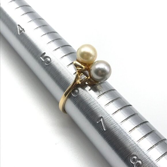 14k Solid Yellow Gold Double Pearl Diamond Accent Band Ring Size 6 - Picture 4 of 6
